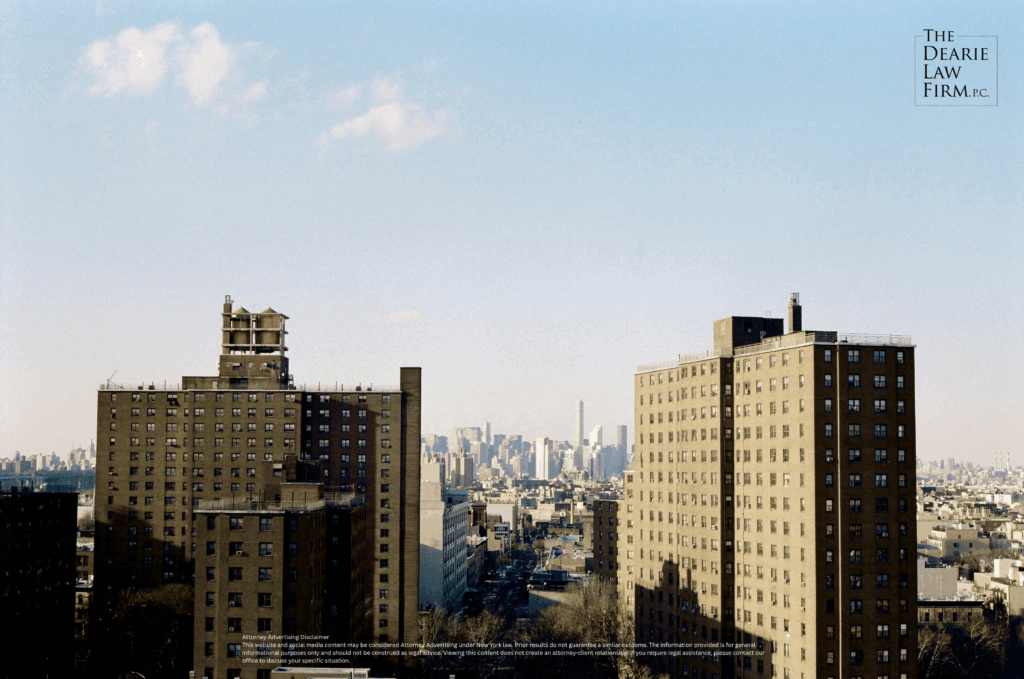 View of Brooklyn NYCHA housing developments with Manhattan skyline in background, used by The Dearie Law Firm for NYCHA injury legal services.